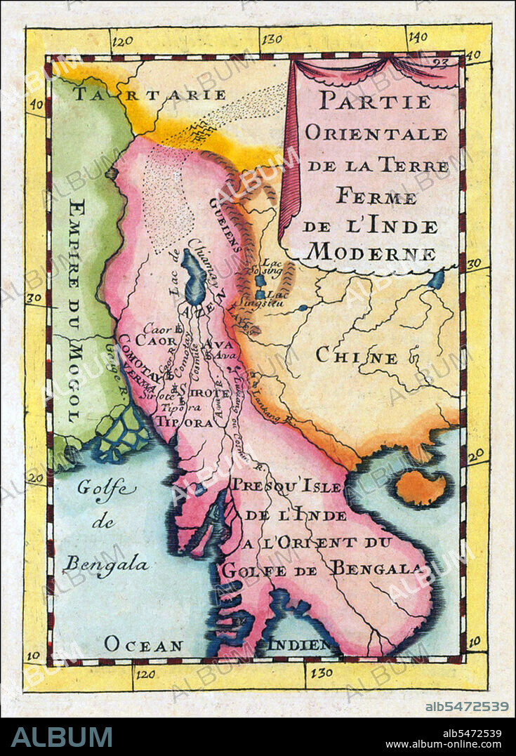 Partie Orientale De La Terre Ferme De L' Inde Moderne'. Gulf of Bengal, Burma & Thailand by Allain Manesson, Paris, 1683. Copper engraving, hand colored in wash and outline. Decorative engraved map showing the gulf of Bengal with Burma and Thailand and neighbouring countries. With several engraved names of rivers and regions, including the mythical 'Lake Chiamay' or 'Lake Chiang Mai', supposed source for many of the great rivers of Southeast Asia.