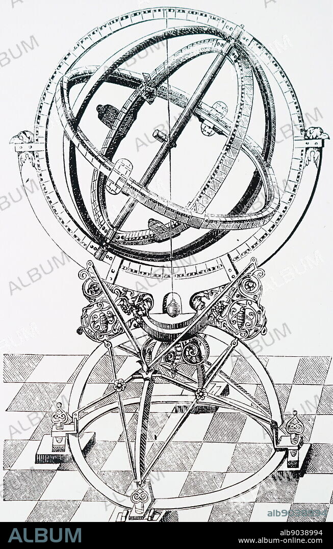 Engraving depicting Tycho Brahe's equatorial circle. Tycho Brahe (1546-1601) a Danish nobleman and astronomer. Dated 17th Century.