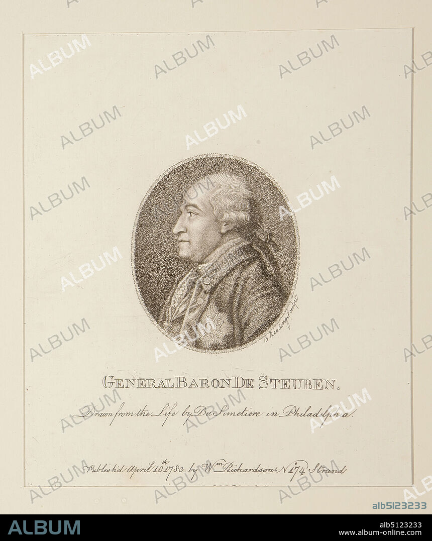 Artist: Pierre Eugène Du Simitière, American, born Switzerland, ca. 17361784, General Baron de Steuben, from a set of 13 American Statesmen portraits, Line and stipple engraving by B. Reading - black and white, sheet: 29.5 × 22 cm (11 5/8 × 8 11/16 in.), Made in United States, American, 18th century, Works on Paper - Prints.