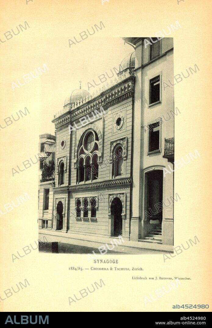 Synagoge 1884/85. - Chiodera & Tschudi, Zürich, Synagogue of the Chiodera and Tschudi Architects' Office on Frongartenstrasse in St. Gallen (Switzerland), signed: Photograph by J. Brunner, Fig. 21, p. 30, J. Brunner, Photographie- und Lichtdruck-Anstalt Winterthur (imp.), 1889, Section St. Gallen des Schweizerischen Ingenieur- und Architekten-Vereins (Hg.): Altes und Neues aus der Stadt St. Gallen. Anlässlich der Hauptversammlung des Schweizerischen Ingenieur- und Architekten-Vereins am 21. bis 23. September 1889. St.Gallen: Druck der Zollikofer'schen Buchdruckerei, 1889.
