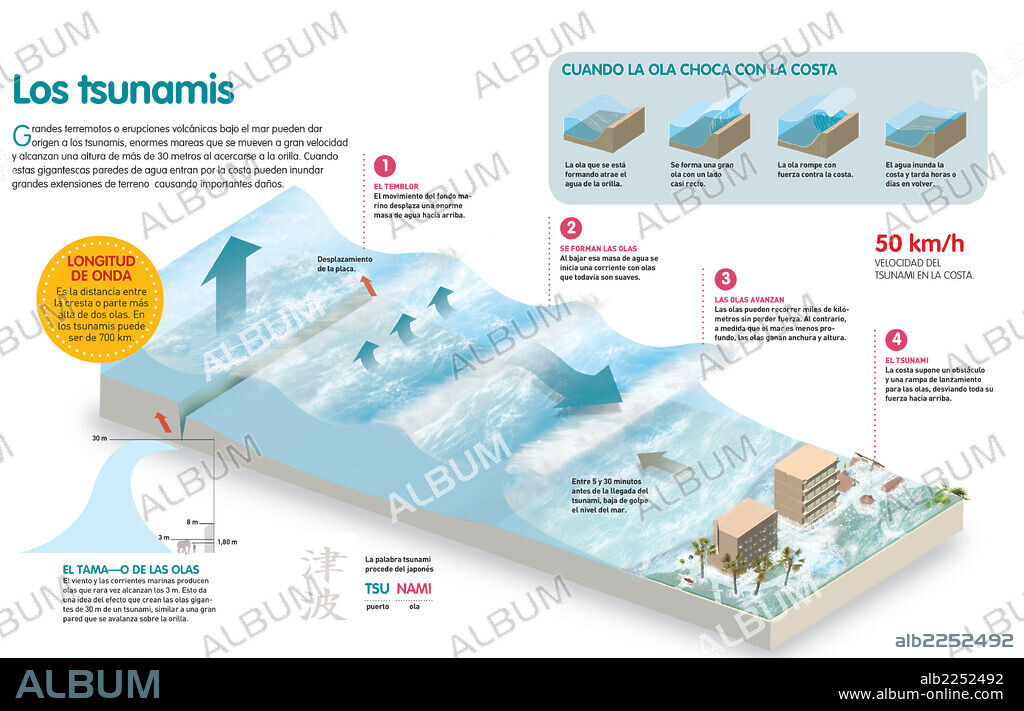 Los tsunamis. Infografía que analiza las fases de formación de un tsunami y sus características principales cuando se convierte en una ola gigante que arrasa la costa.