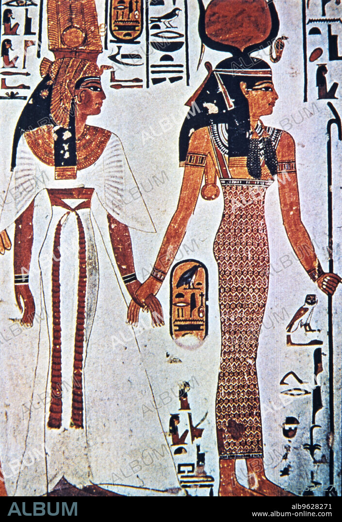 Queen Nefertari and the goddess Hathor, fresco in his tomb, belonging to XIX Dynasty.