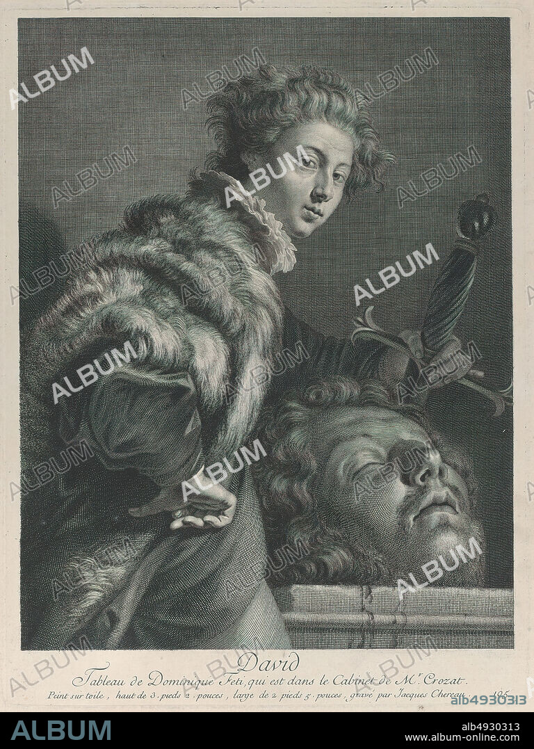 Jacques II Chereau, David, holding a sword and posing near the head of Goliath, Jacques II Chereau (French, Blois 16881776 Paris), After Domenico Fetti (Italian, Rome (?) 1591/921623 Venice), 172940, Etching and engraving, Plate: 13 9/16 × 9 13/16 in. (34.4 × 24.9 cm), Sheet: 20 7/8 × 15 1/4 in. (53.1 × 38.7 cm), Prints.