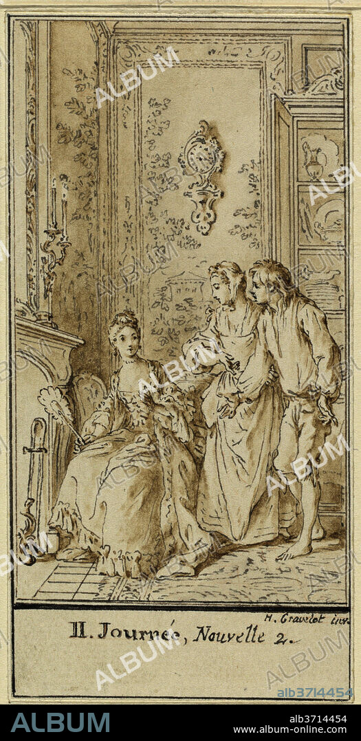HUBERT FRANçOIS GRAVELOT. Second Day, Second Story: Rinaldo d'Asti and the Widow. Dated: c. 1757. Dimensions: overall (to outer framing line): 11.3 x 5.7 cm (4 7/16 x 2 1/4 in.). Medium: pen and gray ink with brown wash on laid paper.