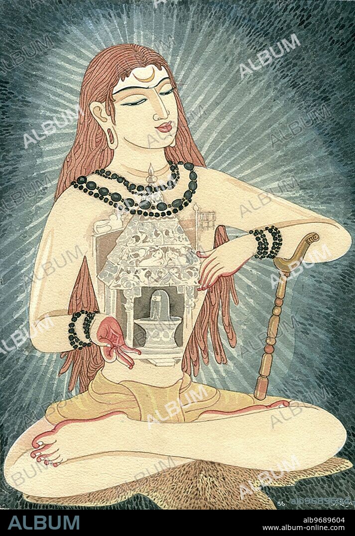 India: Hinduism - Hindu art - Himalayan Academy art - India - Religion - Spirituality - Artist S. Rajam - sannyasin - monk - sadhu - saint - ascetic - rishi - renunciate - swami - Shiva is within - yogic staff - rudraksha beads - mudra - yoga - linga - temple within - Shiva is within all - tiger skin - Indian art - Hindu - art - religion - Hindu religion - Hindu belief.