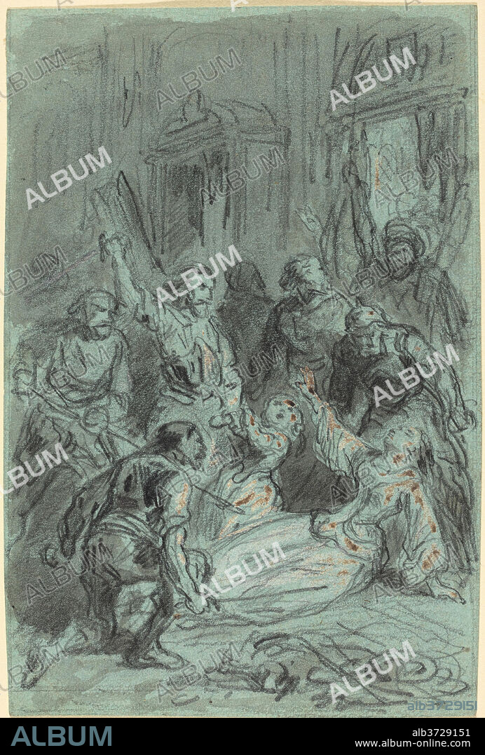 GUSTAVE DORé. A Dramatic Scene with a Fainting Woman. Dimensions: sheet: 12.3 x 8.4 cm (4 13/16 x 3 5/16 in.). Medium: graphite with gray wash, heightened with white gouache (partially oxidized) on blue wove paper.