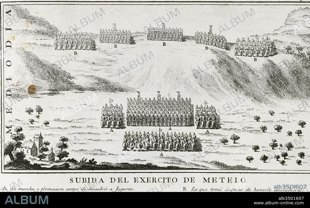 Gaius Sallustius Crispus, usually known as Sallust (86-c. 35 BC.). The Jugurthine War (112-106 BC), between Rome and Jugurtha of Numidia. Rise of the army of the Roman consul Quintus Caecilius Metellus Numidicus (ca. 160 BC-91 BC) against the men of Jugurtha. Battle. A: formation of the battalion before discovering Jugurtha; B: formation after discovering him. Engraving, 1772.