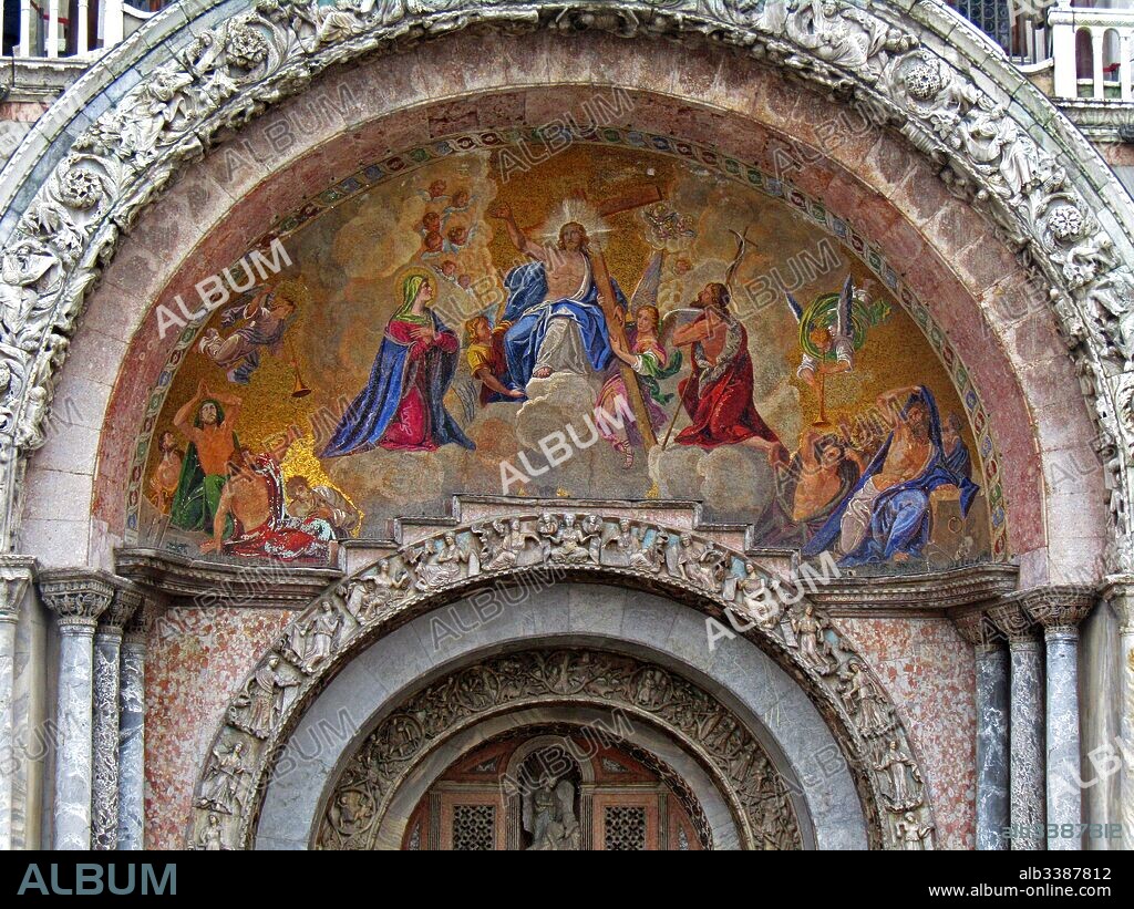 The Ascension of Christ depicted in a mosaic adorning the Cathedral Basilica of Saint Mark, in Venice, Italy. It is the most famous of the city's churches and one of the best known examples of Italo-Byzantine architecture. It lies at the eastern end of the Piazza San Marco.