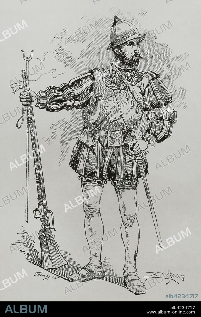 Arcabucero. Grabado. "Museo Militar del Ejército Español", Tomo I. Evaristo Ullastres Editor. Barcelona, 1883. Biblioteca Histórico Militar de Barcelona, Cataluña, España.