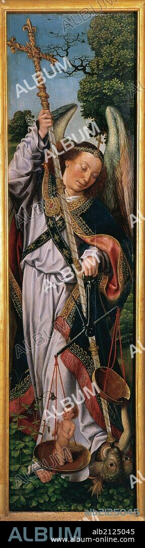 "TRIPTICO DEL BAUTISMO DE CRISTO". Tabla lateral, con la representación de SAN MIGUEL con las balanzas venciendo al diablo, pesando las almas. Obra realizada por el Maestro de Francfort, activo durante los últimos años del siglo XV y las primeras décadas del XVI. Fechado en el siglo XVI. Museu Nacional d' Art de Catalunya. Barcelona.