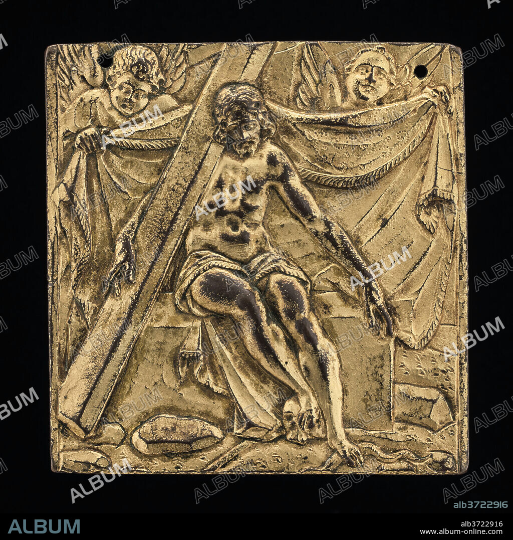 GERMAN FOLLOWER OF ANTONIO ABONDIO. Christ on Tomb with Two Angels. Dated: late 16th century. Dimensions: overall: 6.1 x 5.9 cm (2 3/8 x 2 5/16 in.) gross weight: 55 gr. Medium: bronze.