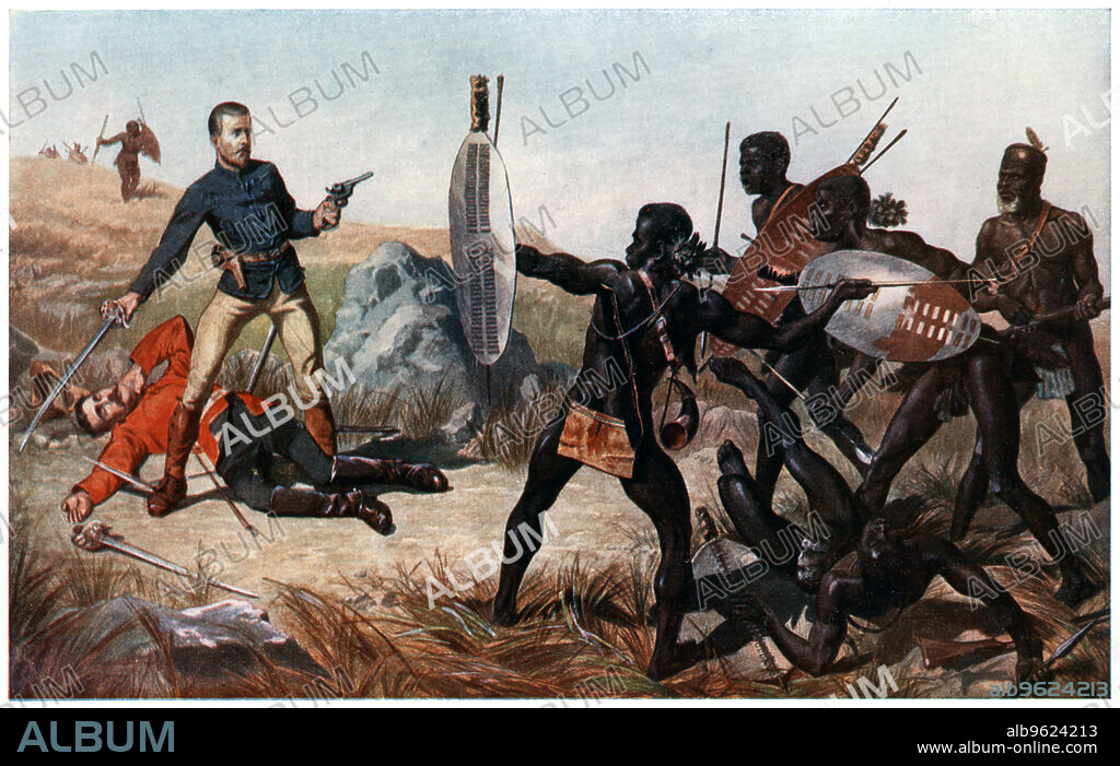 CHARLES EDWIN FRIPP. Incident at the Battle of Isandlwana, Anglo-Zulu War, 22 January 1879. Lieutenants Melvill and Coghill (24th Regiment) dying to save the Queen's colours. Isandlwana was a devastating defeat for the British Army at the hands of the Zulus. Of a force of 1400 officers and men only 60 escaped with their lives. Melvill and Coghill were later awarded posthumous VCs for their actions.