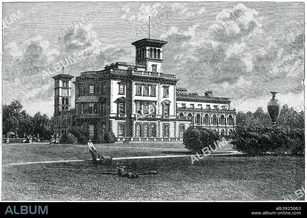 Osborne House, East Cowes, Isle of Wight, 1900. Queen Victoria and Prince Albert bought Osborne House and its estate from Lady Isabella Blachford in 1845. In 1848, the old house was demolished to make way for a new three-storey pavilion with flagtower. Illustration from The Life and Times of Queen Victoria by Robert Wilson, Volume IV, (Cassell and Company, London, Paris, New York, Melbourne, 1900).