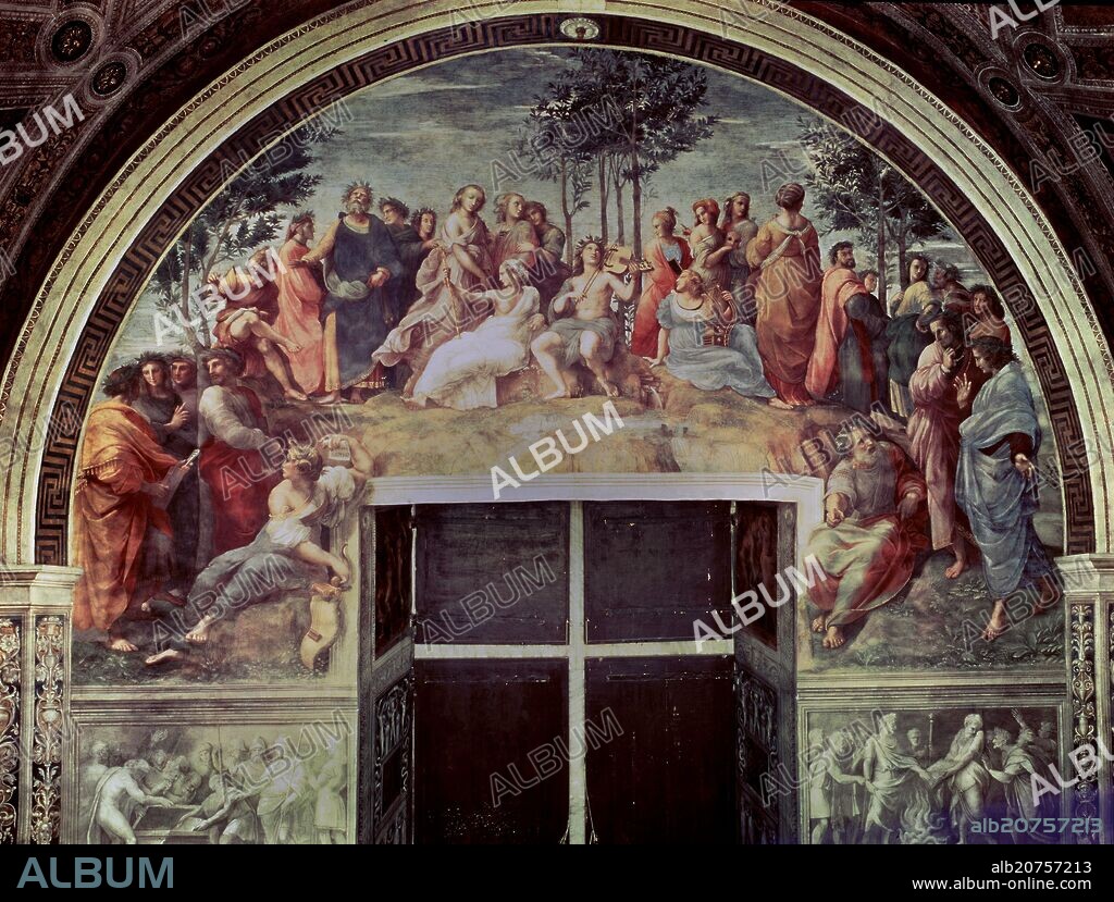 RAFAEL SANZIO O RAFAEL DE URBINO (1483-1520). PINTURA AL FRESCO DE LA ESTANCIA DEL SELLO QUE REPRESENTA EL PARNASO, PRIMERA OBRA DE RAFAEL EN EL VATICANO - SIGLO XVI - RENACIMENTO.