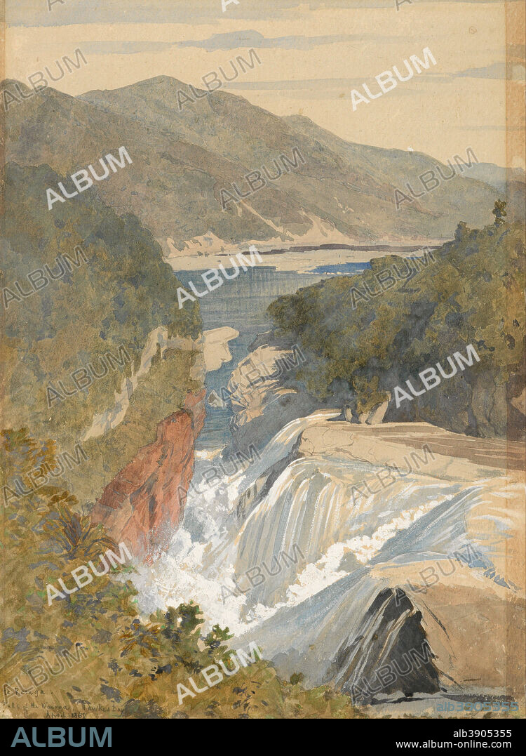 J. C. RICHMOND. Te Reinga, Falls of the Wairoa. Hawke's Bay. Date/Period: 1867. Watercolours. Watercolour; paper watercolour. Height: 352 mm (13.85 in); Width: 252 mm (9.92 in).