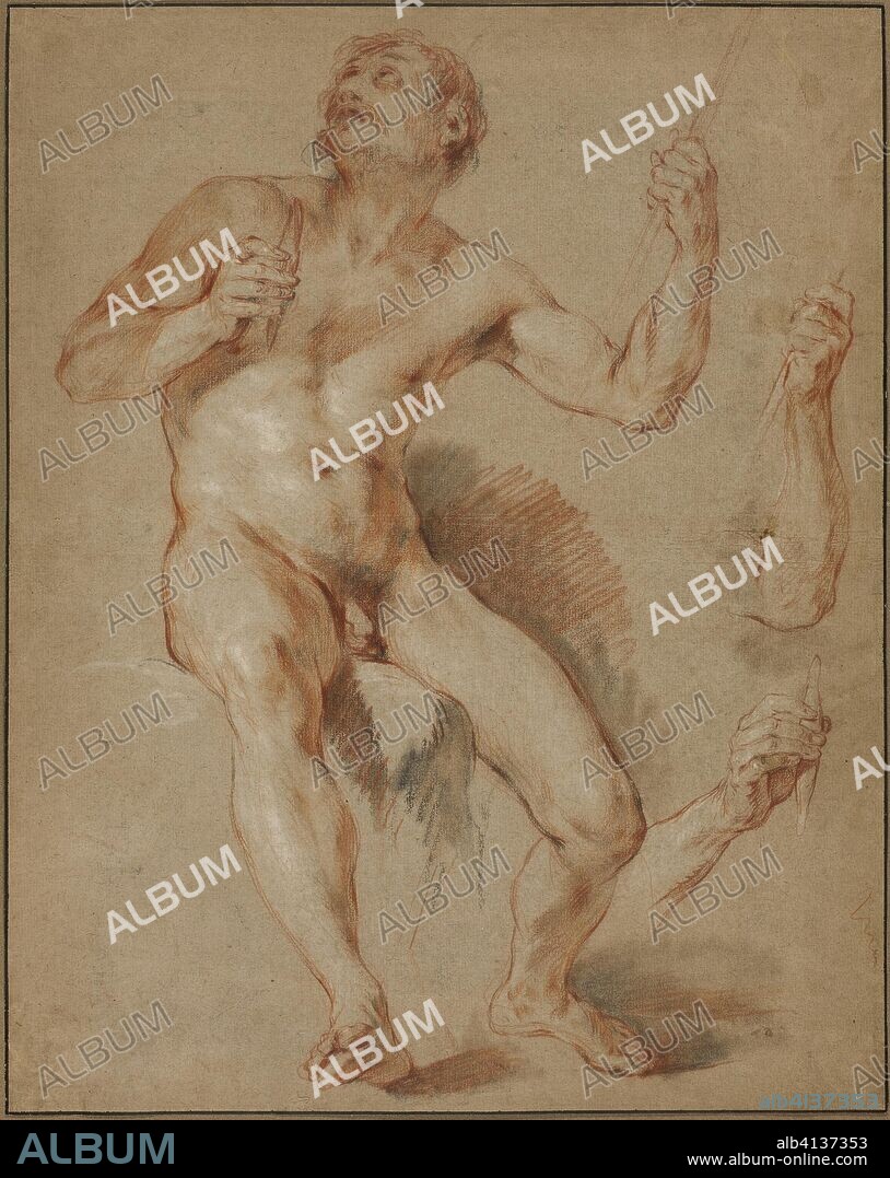 FRANCOIS LE MOYNE. Hercules Seated, study for Hercules and Omphale. François Lemoyne; French, 1688-1737. Date: 1724. Dimensions: 402 × 320 mm. Red, black, and white chalk, with stumping, on light brown laid paper, laid down on cream laid paper. Origin: France.