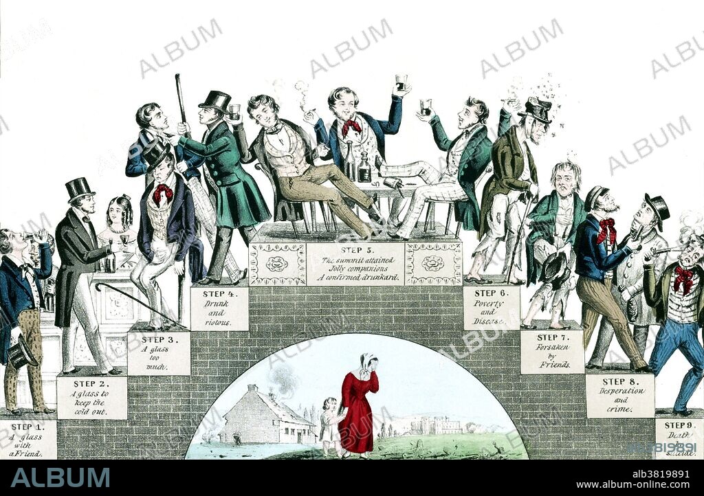 Entitled: "The drunkards progress. From the first glass to the grave." Shows an archway of the nine steps of a drunkard's progress, beginning with a man in fancy dress having "a glass with a friend" and then his gradual decline in society with poverty & disease, criminal activity, becoming a bum, and his eventual "death by suicide"; a weeping woman with child is under archway. The temperance movement began in the early 19th century (around the 1820s). Before this, although there were diatribes published against drunkenness and excess, total abstinence from alcohol (teetotalism) was very rarely advocated or practiced. There was also a concentration on hard spirits rather than on abstinence from alcohol and on moral reform rather than legal measures against alcohol. During the Victorian period, the temperance movement became more radical, advocating the legal prohibition of all alcohol, rather than just calling for moderation. It was also perceived to be tied in with both religious renewal and progressive politics, particularly female suffrage. Lithograph published by Nathaniel Currier, 1846.