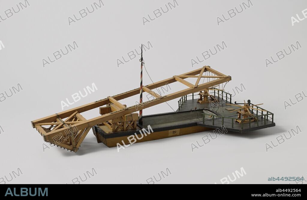 Model of an Icebreaker, Polychromed block model of an ice breaker. It is a long pram with two wing-shaped extensions at the rear, on which capstans are placed, and with a large frame balancing on an axle in a chair on the front deck. The front part of the frame, which comes out in front of the fore ship, is provided with a heavy frame like an inverted roof, with a large number of ax heads placed on the ridge beams. The rear end of the balance reaches the rear deck, where it can be pulled down with a number of ropes, if the ropes are released, the front piece will fall down by its own weight and break the ice. This can also be done with the capstans, but these were used most for locomotion, the icebreaker was also hunted by horses or manpower. A hunting mast has been placed against the advance of the bucket, with a race ring to the top. At the stern of the praam is a rudder, Noordhollandsch Kanaal, anonymous, Netherlands, c. 1750 - c. 1807, wood (plant material), brass (alloy), rope, h 39.5 cm × w 99 cm × d 49 cm.