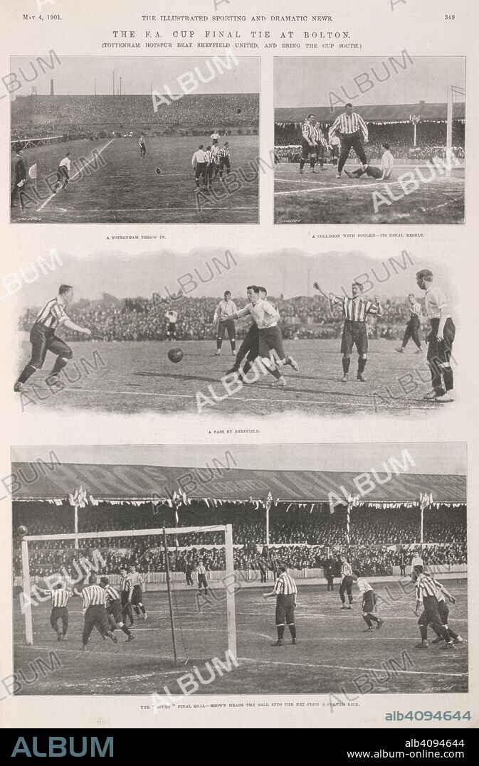 The F.A. cup final tie at Bolton. Tottenham Hotspur beat Sheffield United, and bring the Cup down south. . The Illustrated and Dramatic news. May 4, 1901. Source: The Illustrated and Dramatic news page 349. Language: English.