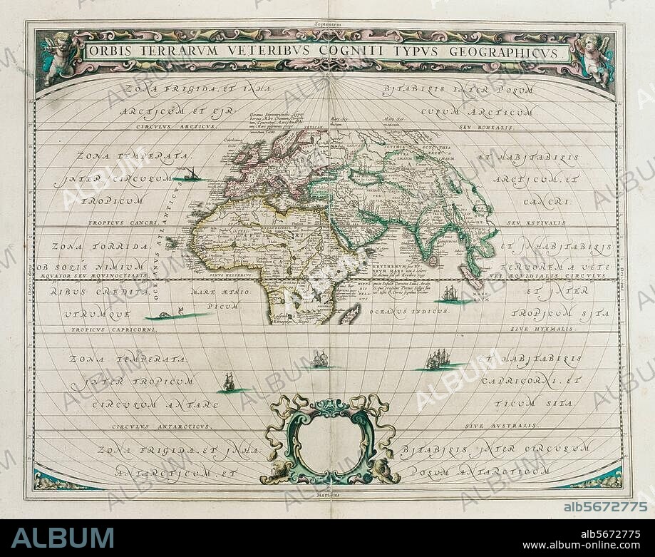 Geography:. Maps / World maps. "Orbist terrarum veteribus cogniti (..) ". (Map of the Old World with Europe Asia and a part of Africa). Copper engraving, coloured, 40.4 × 51cm. From an atlas by Johann Janssonius, c. 1650.