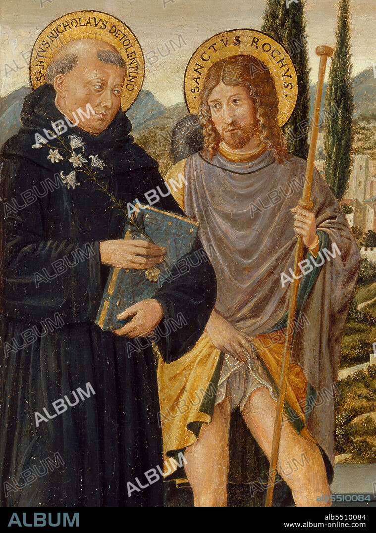 BENOZZO GOZZOLI. Saints Nicholas of Tolentino, Roch, Sebastian, and Bernardino of Siena, with Kneeling Donors, 1481. Detail from a larger artwork.