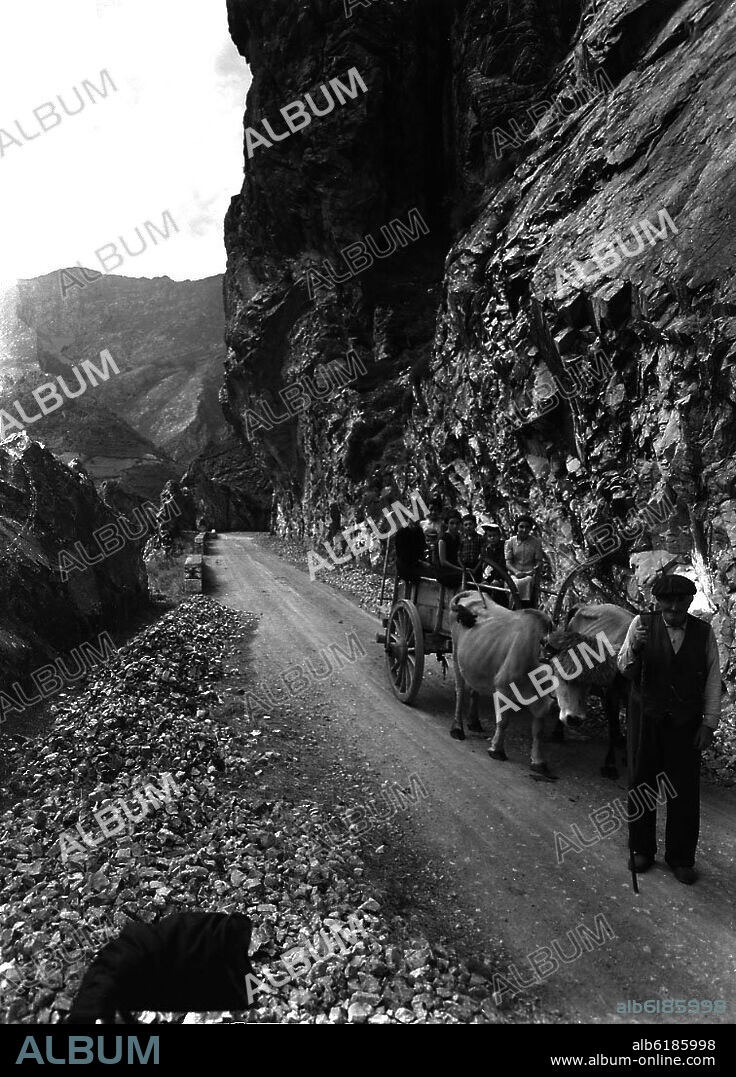 FAMILIA EN UN CARRO TIRADO POR UNA YUNTA DE BUEYES EN EL PUERTO DEL PONTON - FOTOGRAFIA EN BLANCO Y NEGRO - AÑOS 50.