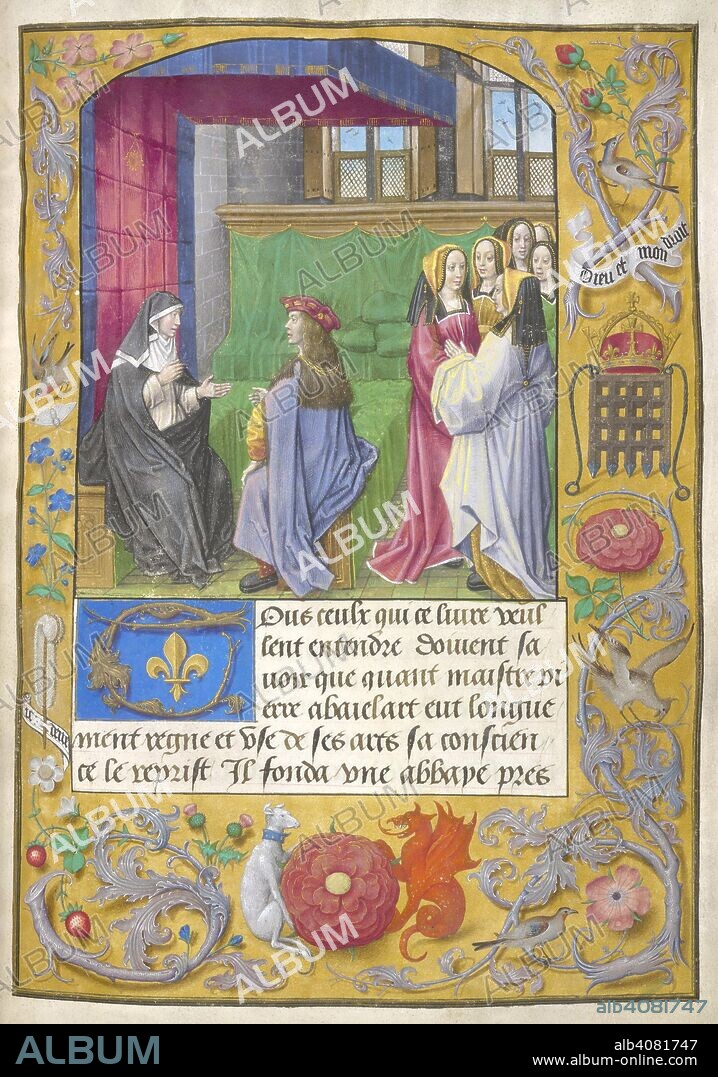 ABBESS DU PARACLETE HELOISE (HÃ©LOÃ¯SE). (Whole folio) Abbess and pupil seated, a group of ladies listening; full borders of flowers and foliage, with a crowned portcullis and a red rose supported by a white greyhound and red dragon. Letters of Abbess Heloise. England, circa 1500. Source: Royal 16 F. II, f.137. Language: French.