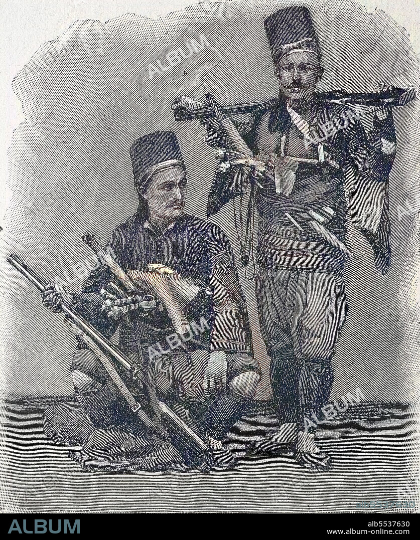 Bashi-bazouk, irregular soldier of the Ottoman army, raised in times of war. Turkische Baschibosuks, Basi Bozuk, irregulare Truppen des Osmanischen Reiches, digital improved reproduction of an original print from the year 1881, Koloriert, Kolorierung, koloriert, handkoloriert, Hand-colouring, hand coloured, colored.