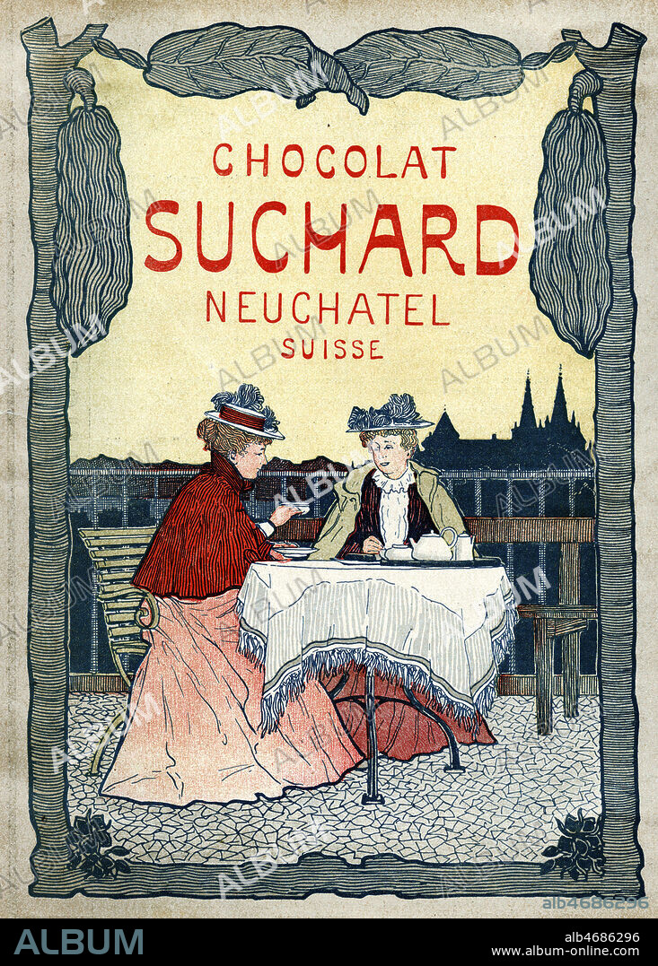 Deux femmes prennent le gouter. Carte publicitaire vers 1905 pour les chocolat Suchard. Illustration anonyme. Credit : Collection IM/KHARBINE-TAPABOR.