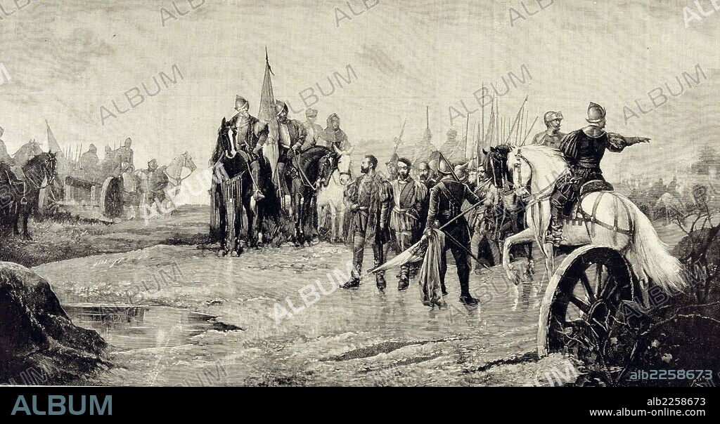 BATALLA DE VILLALAR. REINADO DE CARLOS I.VICTORIA DE LAS TROPAS REALES EN LA GUERRA DE LAS COMUNIDADES , EL 23 - 04 - 1521. GRABADO DE UN CUADRO DE MANUEL PICOLO. ILUSTRACION ESPAÑOLA Y AMERICANA.