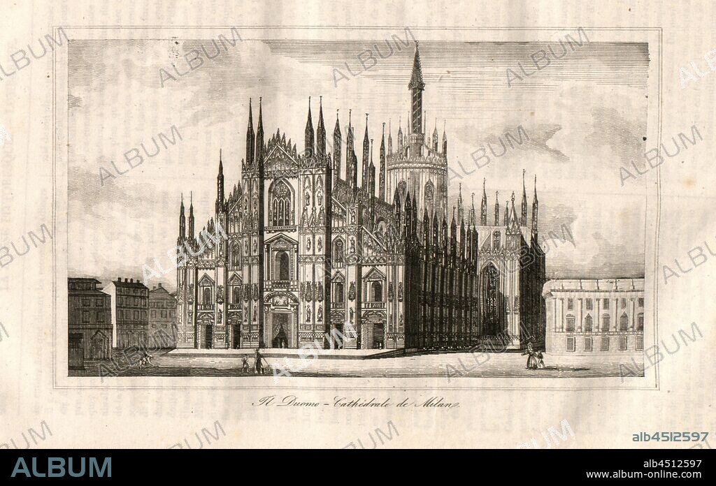 The Duomo, Cathédrale de Milan, View of the Cathedral of Milan (Duomo di Santa Maria Nascente), to p. 290, 1835, Alexandre Martin: La Suisse pittoresque et ses environs. Tableau général, descriptif, historique et statistique des 22 cantons, de la Savoie, d'une partie du Piémont et du pays de Bade. Paris: Hippolyte Souverain, 1835.