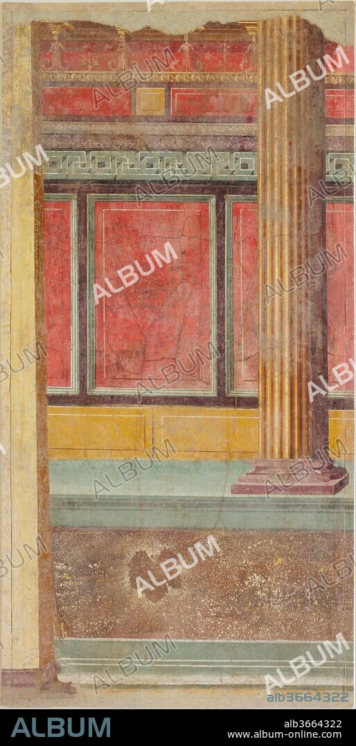 Wall painting from Room F of the Villa of P. Fannius Synistor at Boscoreale. Culture: Roman. Dimensions: 70 x 33in. (177.8 x 83.8cm). Date: ca. 50-40 B.C..
Section of wall and floor with column, a vine-leaf on panelling: from small room near the summer triclinium.