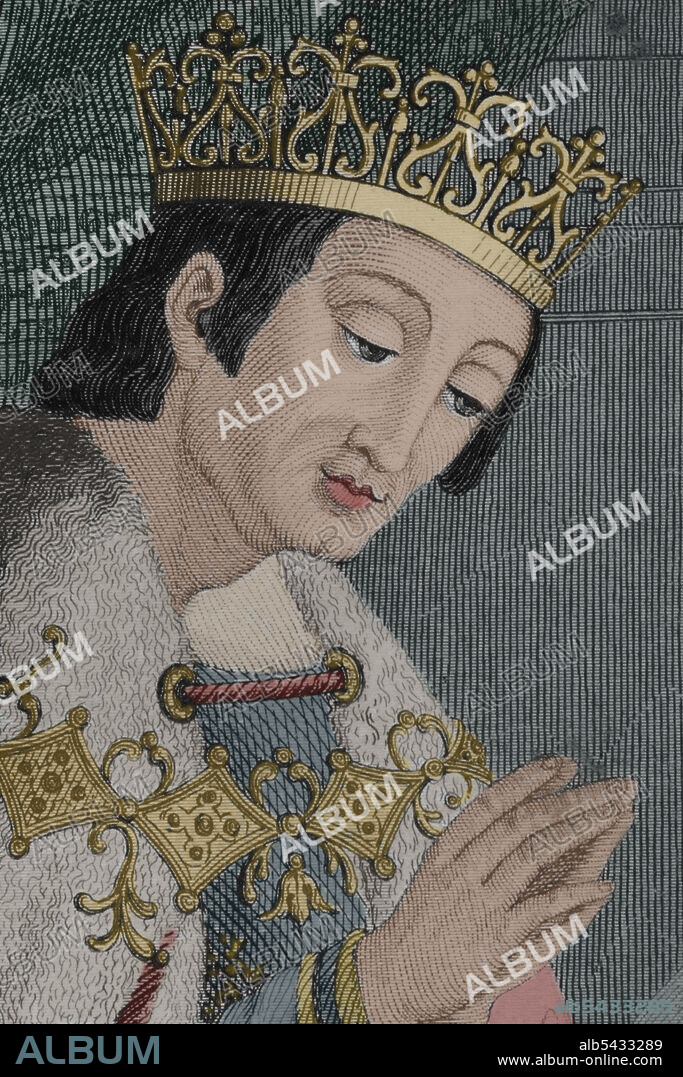 ANTONIO ROCA SALLENT (1813-1864). SPANISH ENGRAVER.. Alfonso VIII of Castile (1155-1214), called the Noble or the one of the Navas. King of Castile from 1159 and King of Toledo. Portrait, detail. Later colouration. Engraving by Antonio Roca. Las Glorias Nacionales, 1853.