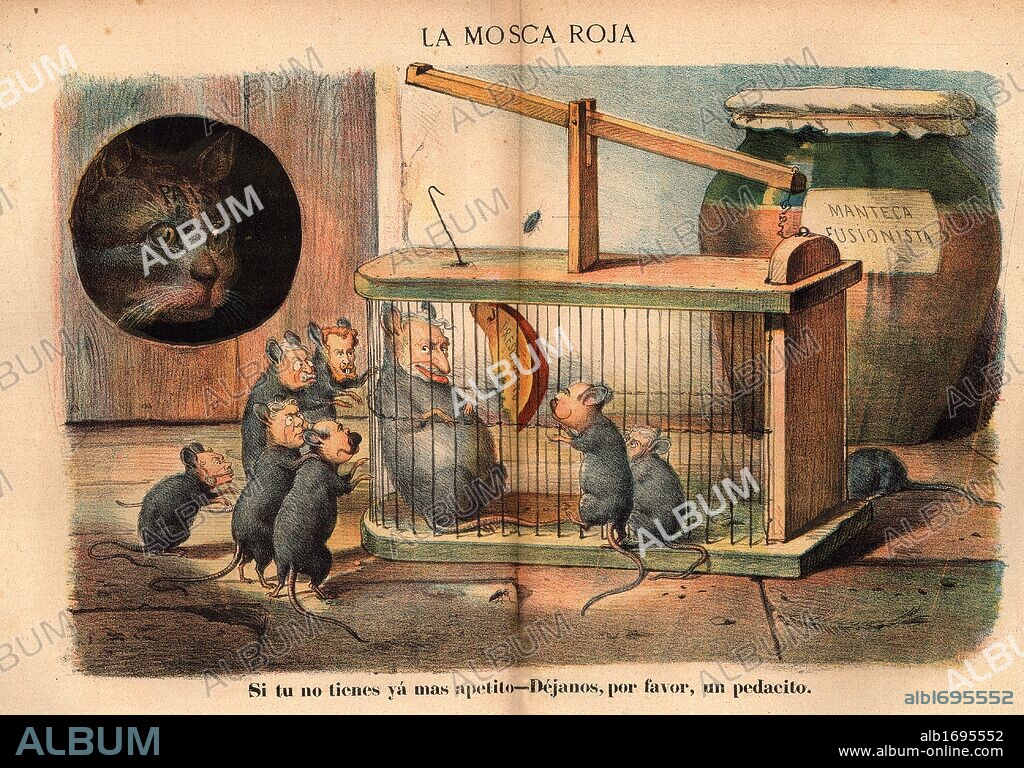 Dibujo político satírico de la época sobre la situación del país, con caricatura de Sagasta, Cánovas, Castelar, Moret, aparecido en La Mosca Roja, número 12, época 2ª. Barcelona, 17 junio 1882.