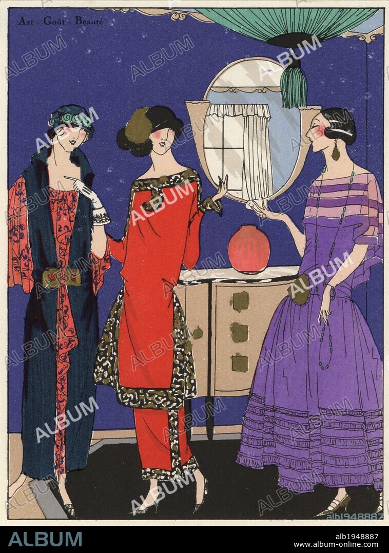 Woman in afternoon dress in printed crepe Georgine covered with a marine serge tunic, woman in red wool dress trimmed with gold-embroidered black satin, and woman in purple taffeta dress. Handcolored pochoir (stencil) lithograph from the French luxury fashion magazine "Art, Gout, Beaute" 1923.