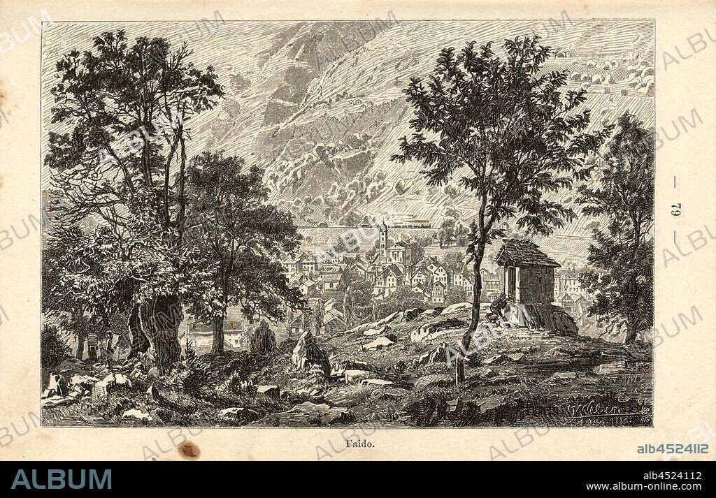 Faido, Faido in the canton of Ticino, Gotthard Railway in the background, signed: J. Weber, Fig. 34, p. 79, Weber, Johannes (del.); Orell Füssli & Co. (exc.), 1881, Jakob Hardmeyer: Die Gotthardbahn. Zürich: Druck, Verlag und Illustration von Orell Füssli & Co., [188-].