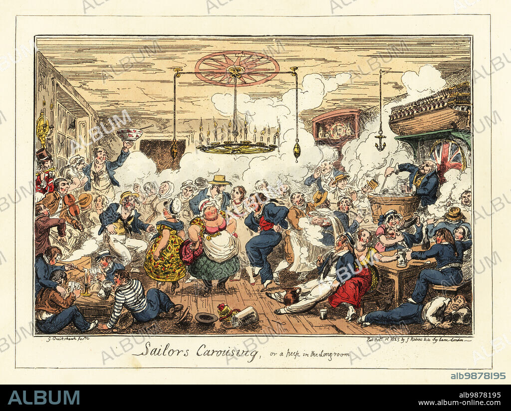 English sailors drinking and dancing in a pub, Napoleonic era. Midshipmen dance with prostitutes, drink punch, beer and wine, play cards, fall asleep drunk. The bar is decorated with a Union Jack, a hulk, anchors and lamps. Sailors Carousing, or a Peep in the Long Room. Handcoloured lithograph by George Cruikshank from Greenwich Hospital, a Series of Naval Sketches, by An Old Sailor (Matthew H. Barker), published by James Robins, London, 1826.