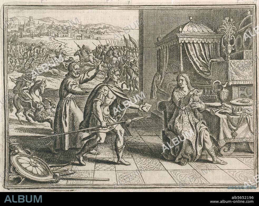 Semiramis, legendary wife of King Ninus (c. 22nd Century BC), succeeding him to the throne of Assyria. Semiramis receiving news about the Babylonian uprising. Copper engraving by Matthäus Merian the Elder, (1593-1650). From: Johann Ludwig Gottfried, Historische Chronica, Frankfurt on the Main, (M.Merian) 1630, p. 26. Berlin, Sammlung Archiv für Kunst und Geschichte.