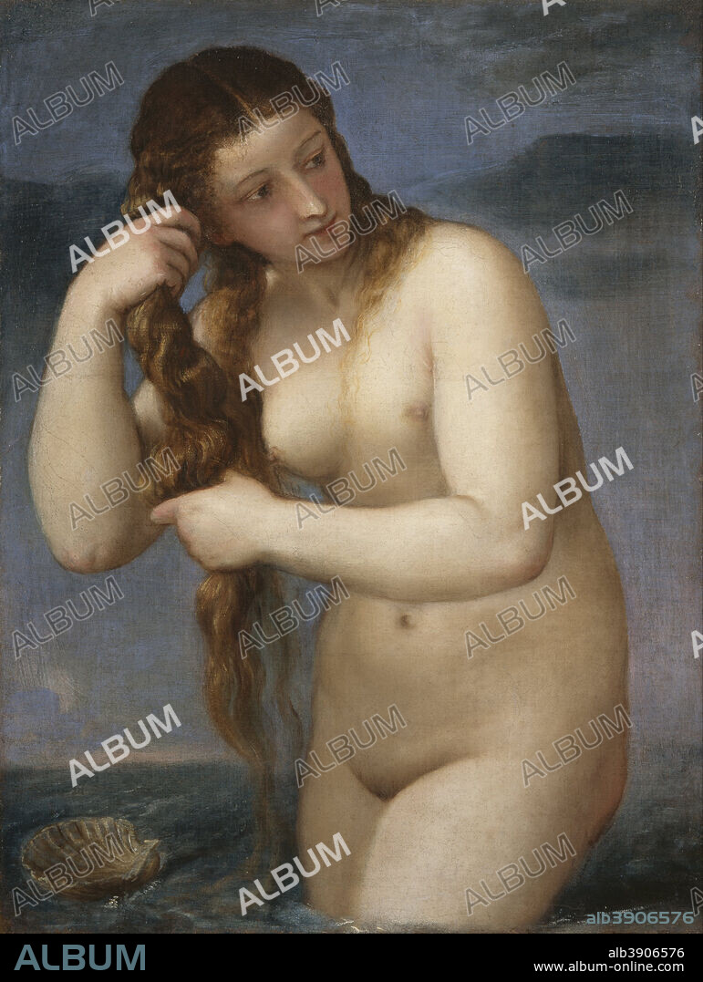 TITIAN. Venus Rising from the Sea ('Venus Anadyomene'). Date/Period: 1520. Painting. Oil on canvas. Height: 758 mm (29.84 in); Width: 576 mm (22.67 in).