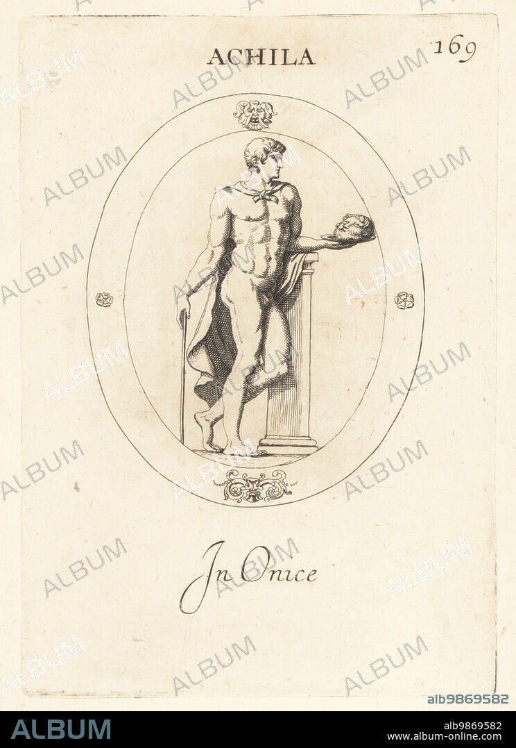 Achillas with Pompey the Great's head on a platter. The Egyptian general killed Pompey and presented his head to Julius Caesar. Naked, with cloak and staff. In onyx. Achila. In onice. Copperplate engraving by Giovanni Battista Galestruzzi after Leonardo Agostini from Gemmae et Sculpturae Antiquae Depicti ab Leonardo Augustino Senesi, Abraham Blooteling, Amsterdam, 1685.