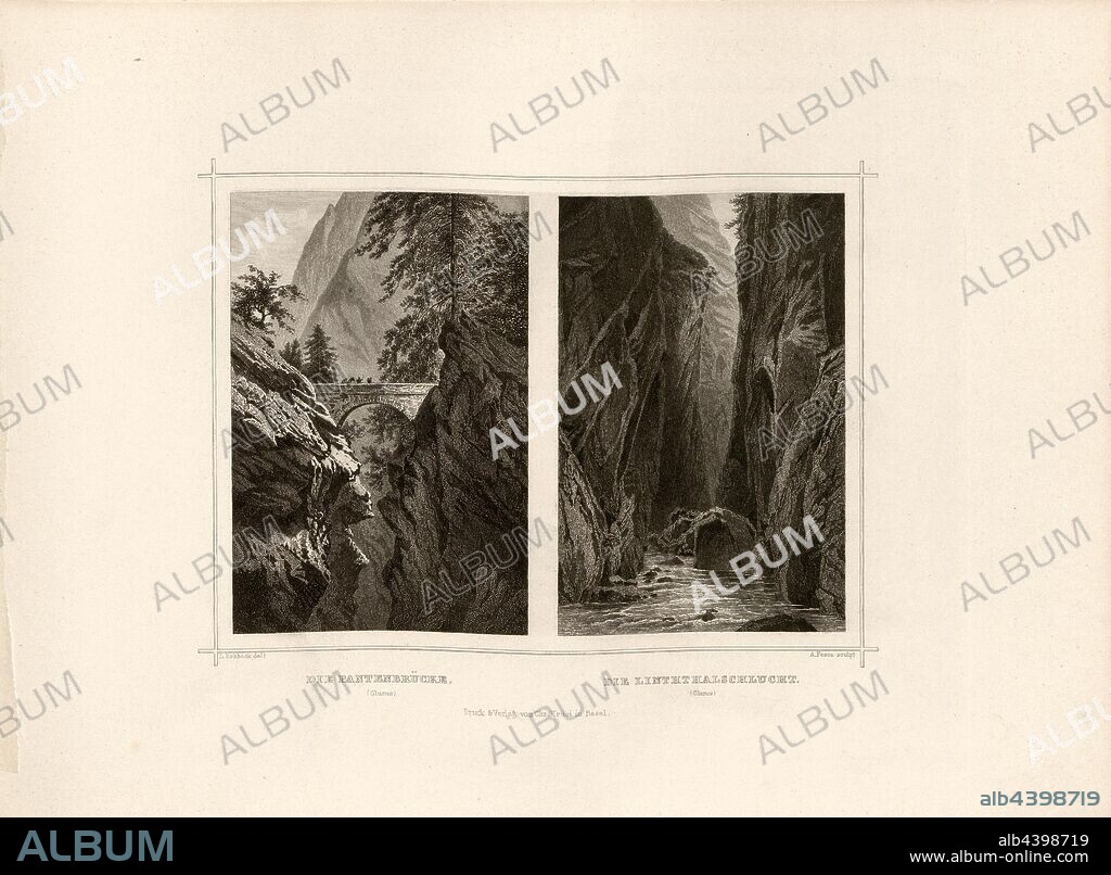 The Pantenbrücke and the Linthalschlucht, Pantenbrücke and Linthschlucht bei Linthal, signed: L. Rohbock (del.), A. Fesca (sculp.), Taf. 53, p. 111, Rohbock, Ludwig (del.); Fesca, Achilles (sculp.), 1870, Ludwig Rohbock: Album der Nord- und Ostschweiz: 100 Stahlstiche aus den Cantonen Basel, Solothurn, Aargau, Zürich, Schaffhausen, Thurgau, St. Gallen, Appenzell, Glarus und Graubünden. Basel: Verlag von Chr. Krüsi, [ca. 1870].