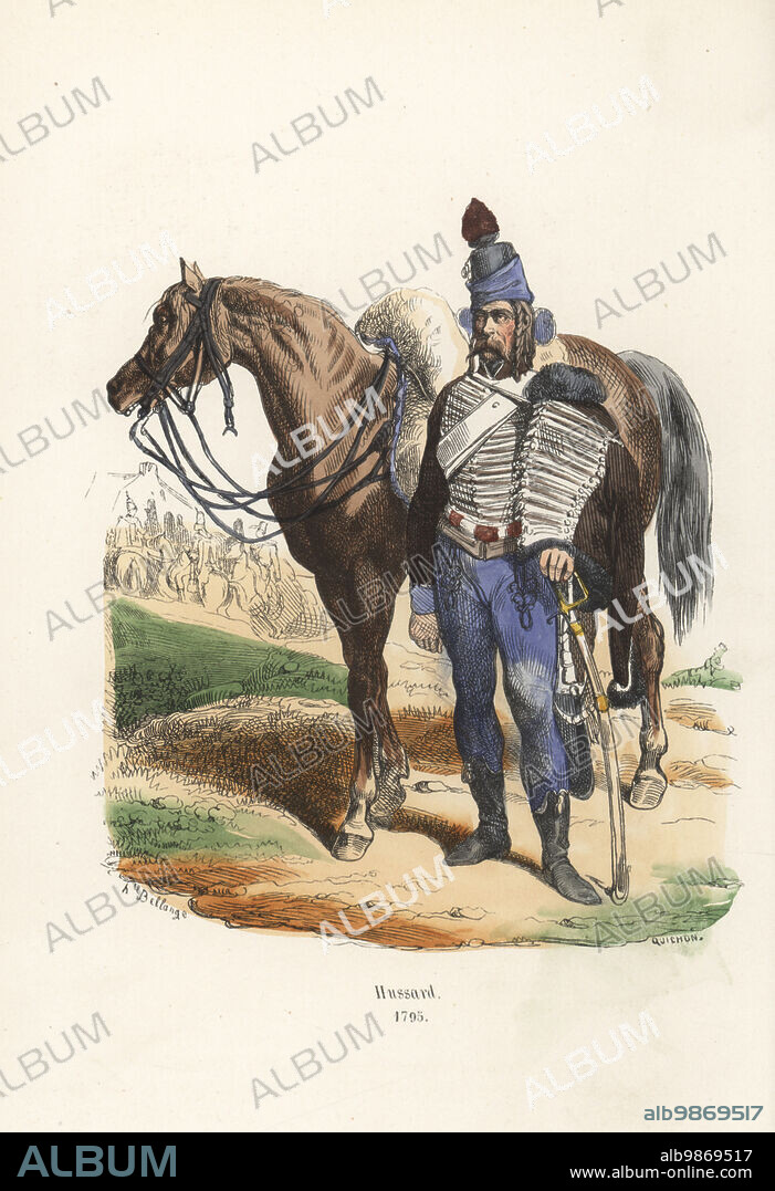 Uniform of a French Hussar, 1795. In schako, brown fur pelisse and dolman with frogging, blue trousers, boots, sabretache, armed with sabre. Uniform of the 13th Hussars cavalry regiment. Mouton shabrack. Hussard. Handcoloured woodcut by Quichon after an illustration by Hippolyte Bellangé from P.M. Laurent de lArdeches Histoire de Napoleon, Paris, 1840.