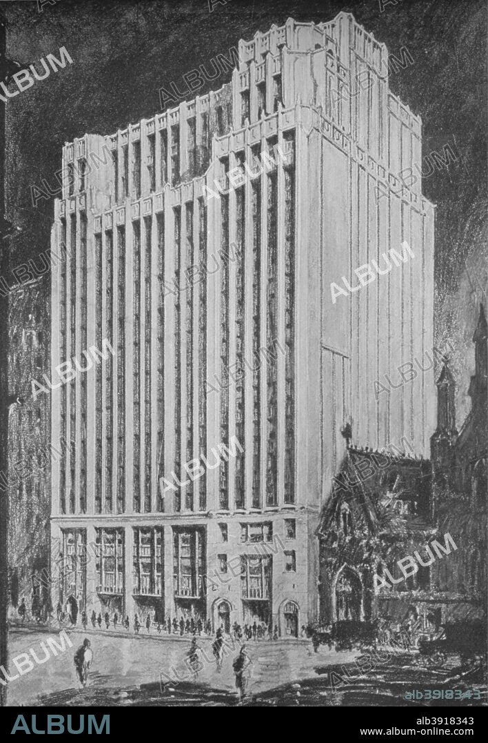 Perspective of principal facade, Gilbert Building, 205 West 39th Street, New York City, 1923. Designed by George and Edward Blum. From The Architectural Forum Volume XXXIX. [Rogers and Manson, New York, 1923].