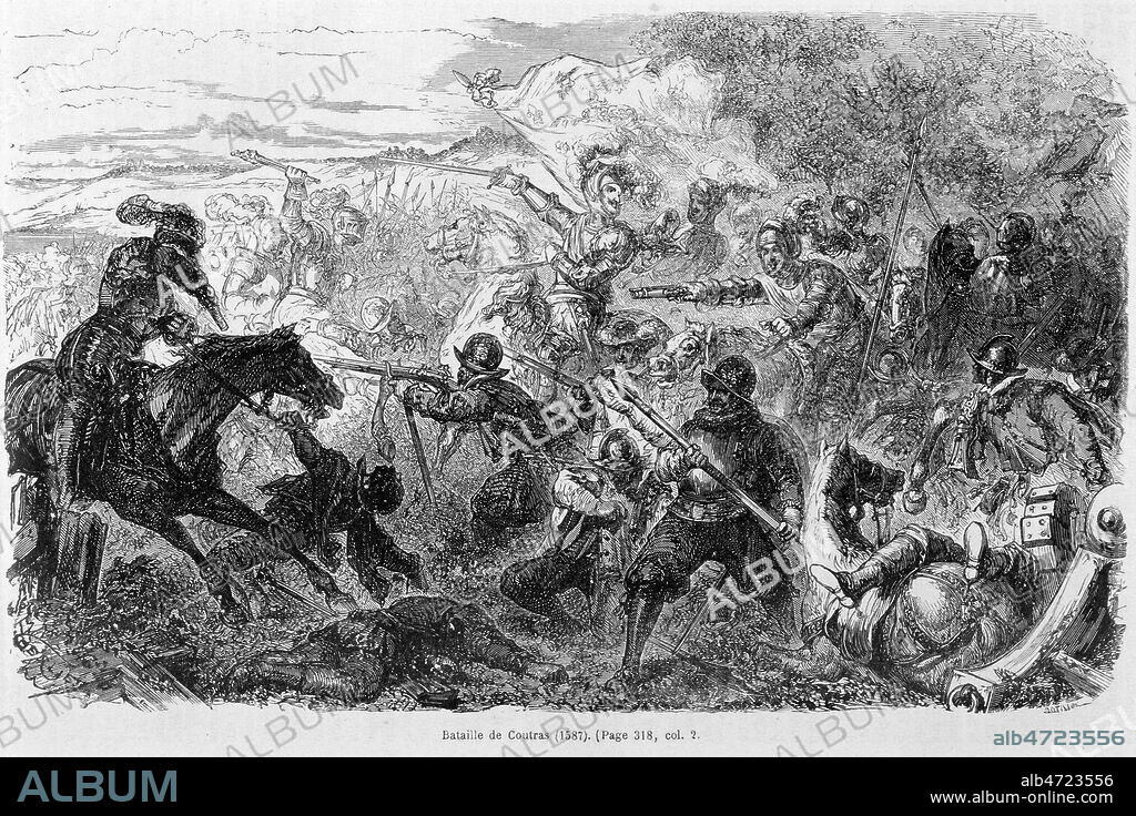 'Bataille de Coutras (1587)' : Henri de Navarre, le futur Henri IV (1553-1610), ecrase l'armee royale commandee par le duc Anne de Joyeuse. Gravure tiree de l'Histoire de France publiee par Hachette, en 1862. Credit : Collection Jonas/KHARBINE-TAPABOR.