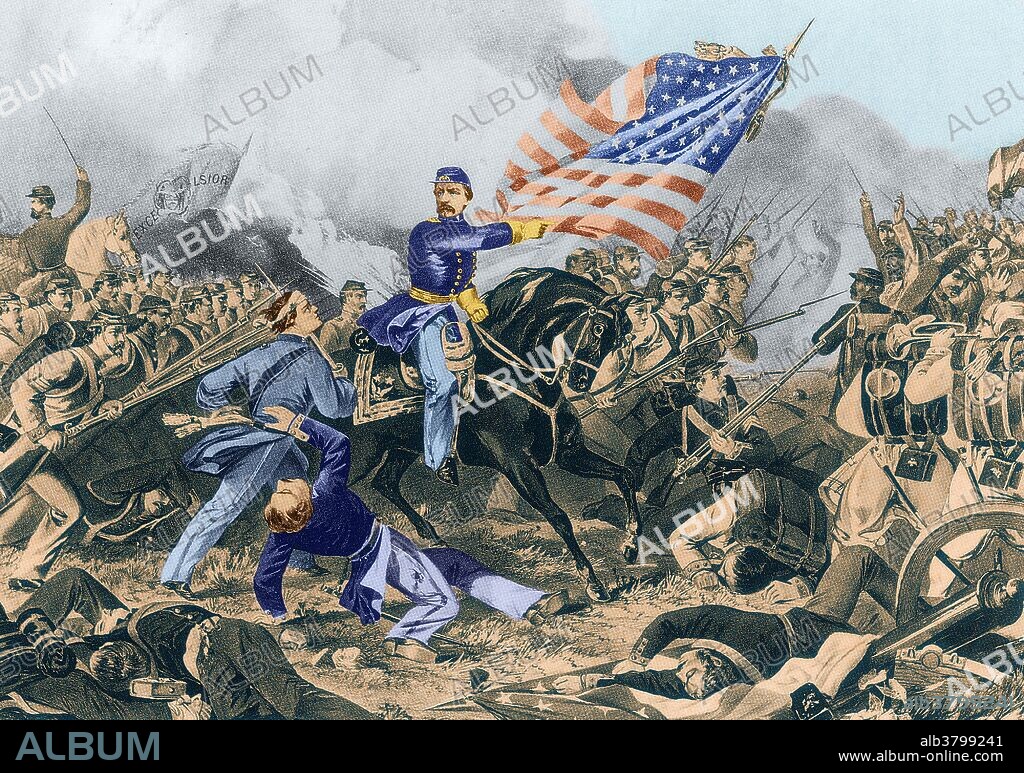 Color enhanced illustration of the Battle of Williamsburg also known as the Battle of Fort Magruder, it took place in Williamsburg, Virginia on May 5, 1862. Following the Confederate retreat from Yorktown, General Joseph Hooker's division encountered the Confederate rearguard near Williamsburg. Hooker assaulted Fort Magruder, but was repulsed. The Confederates, led by Major General James Longstreet, counterattacked. They almost managed to overwhelm the Union left flank, but General Philip Kearny's division arrived to stabilize the Union position. General Winfield Hancock's brigade then moved to threaten the Confederate left flank, occupying two abandoned redoubts. The Confederates counterattacked unsuccessfully.