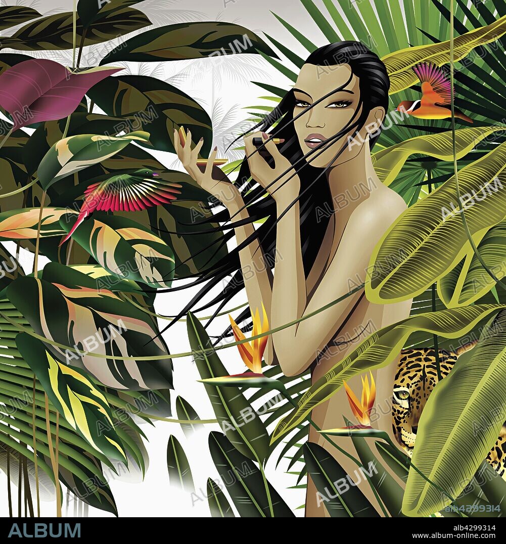 Nude woman in tropical setting.