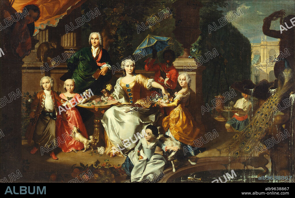 MARCUS TUSCHER. A Family Group on a Terrace in the Grounds of a Villa; possibly the English businessman George Jackson and his family, 1737. [Note servant or enslaved person holding parasol].