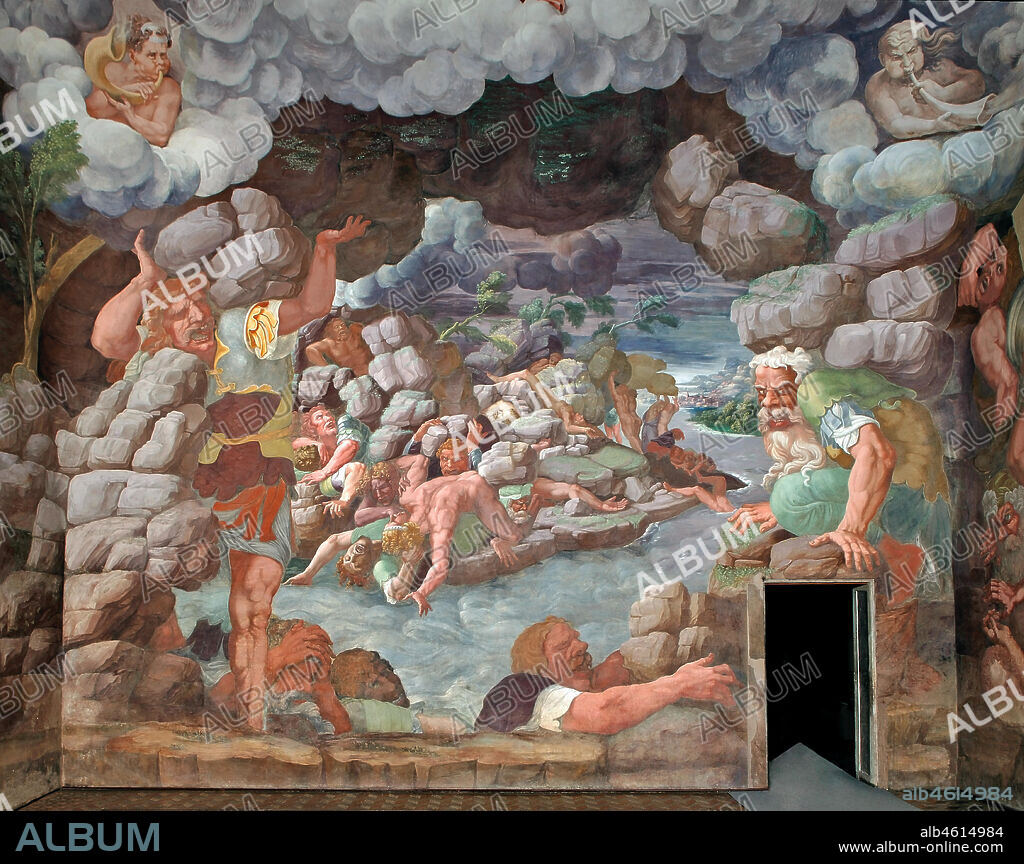 Mantua, Palazzo Te (Gonzaga's summer residence), Sala dei Giganti (Chamber of the Giants): view of the West wall. Frescoes by Giulio Romano (1526 - 1528).