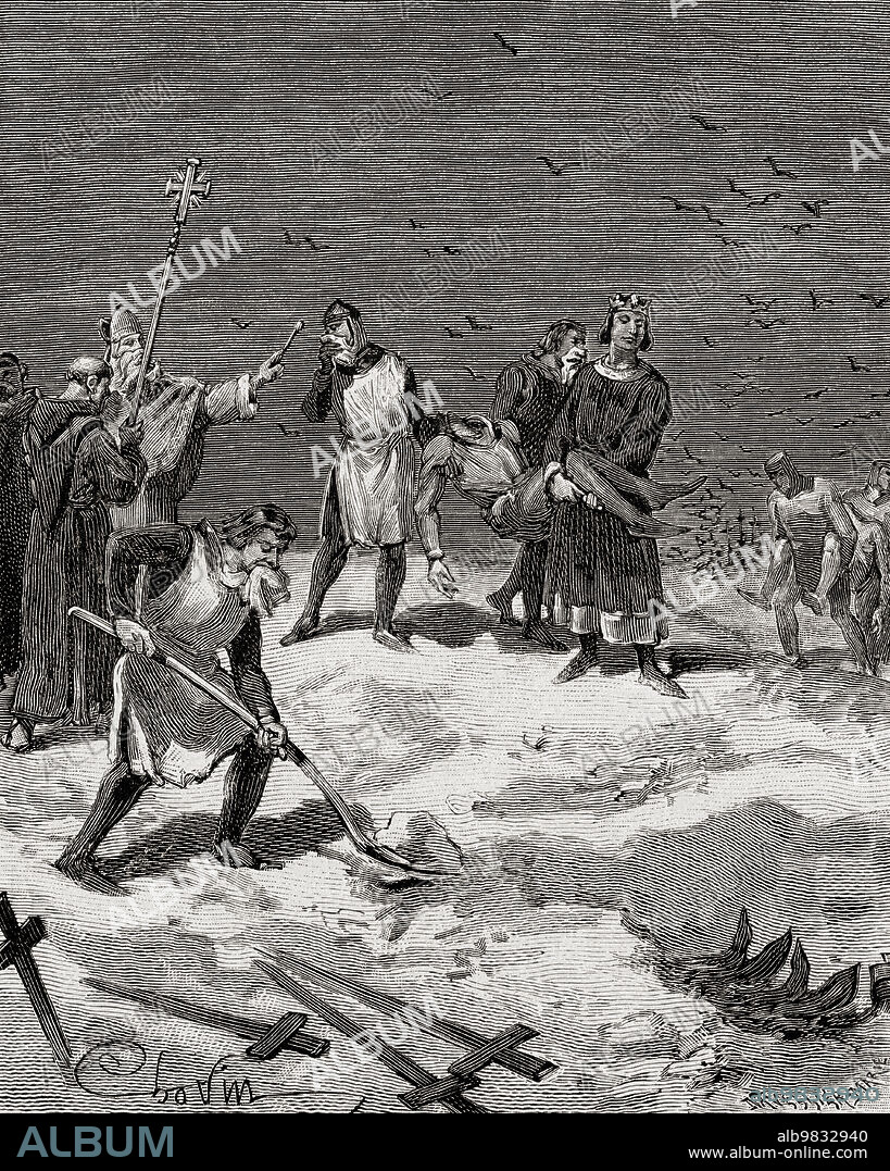 A spectacularly exaggerated drawing of Richard the Lionheart and his horse emerging from the Battle of Arsuf after being hit by dozens of arrows but obviously not hors de combat. The Battle of Arsuf, 7 September 1191, during the Third Crusade was an important Crusader victory and King Richards leadership and bravery during it further cemented his reputation as one of Europes great warrior kings. From Histoire de France, published 1855.