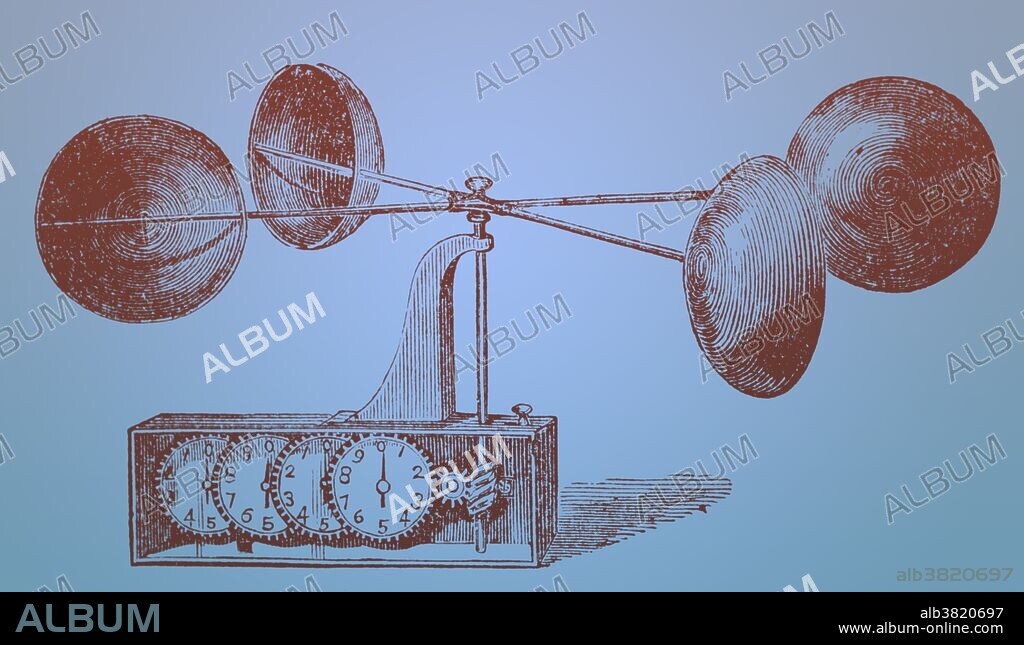Illustration of the anemometer invented by Dr. John Thomas Romney Robinson, of Armagh Observatory, in 1846. This is a device for measuring wind speed, and is a common weather station instrument. By counting the number of rotations of the cups over a set period of time one can deduce the wind speed.